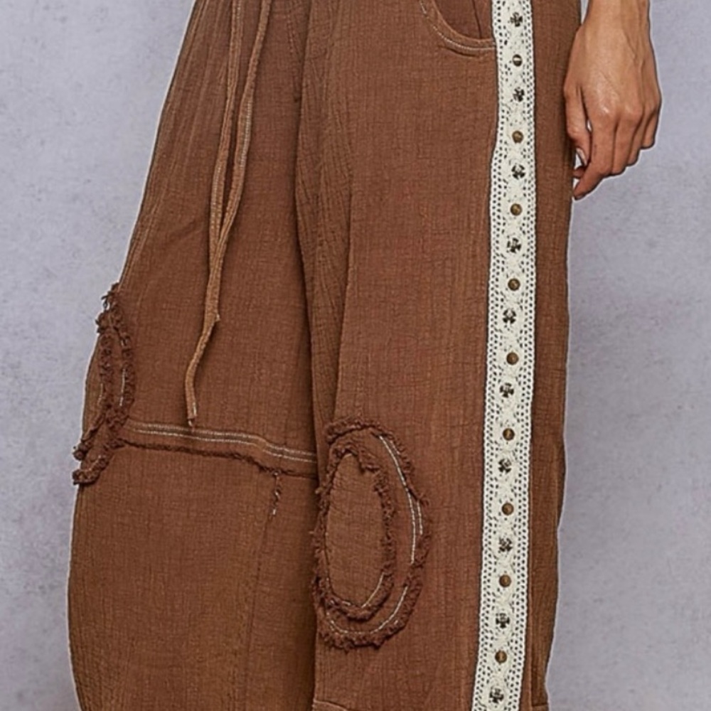 196 - New POL Chocolate Double Gauze Joggers with Stud Details - Picture 3 of 6
